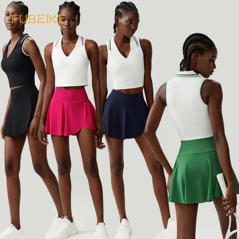 

FUBEIKE Female Tennis Outfit Set For Women Plus Size Stretch Yoga Fitness Clothing Two-Piece Running Badminton Sportswear