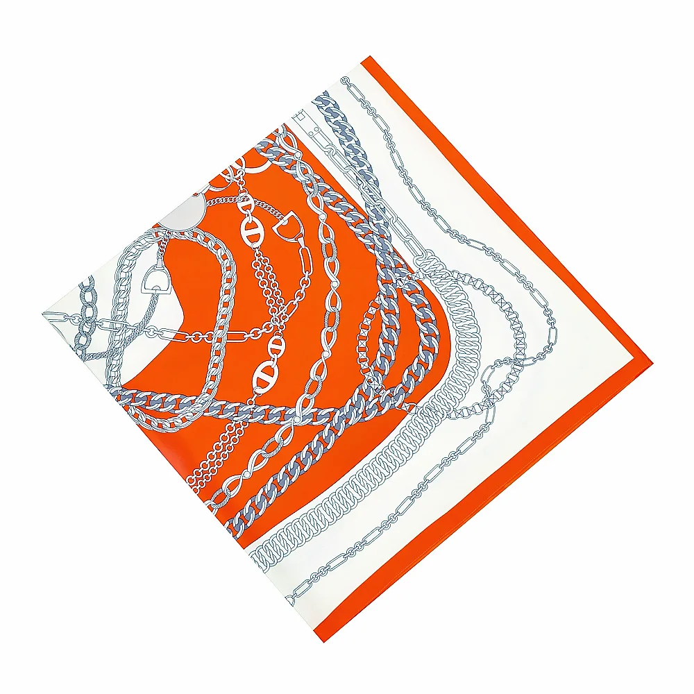 130*130cm Kettendruck Luxus Damen Seidenschal, Designer Marken Stola, quadratische Schals, Wraps, Bandana, Kopftuch, Hijab – Detail 3