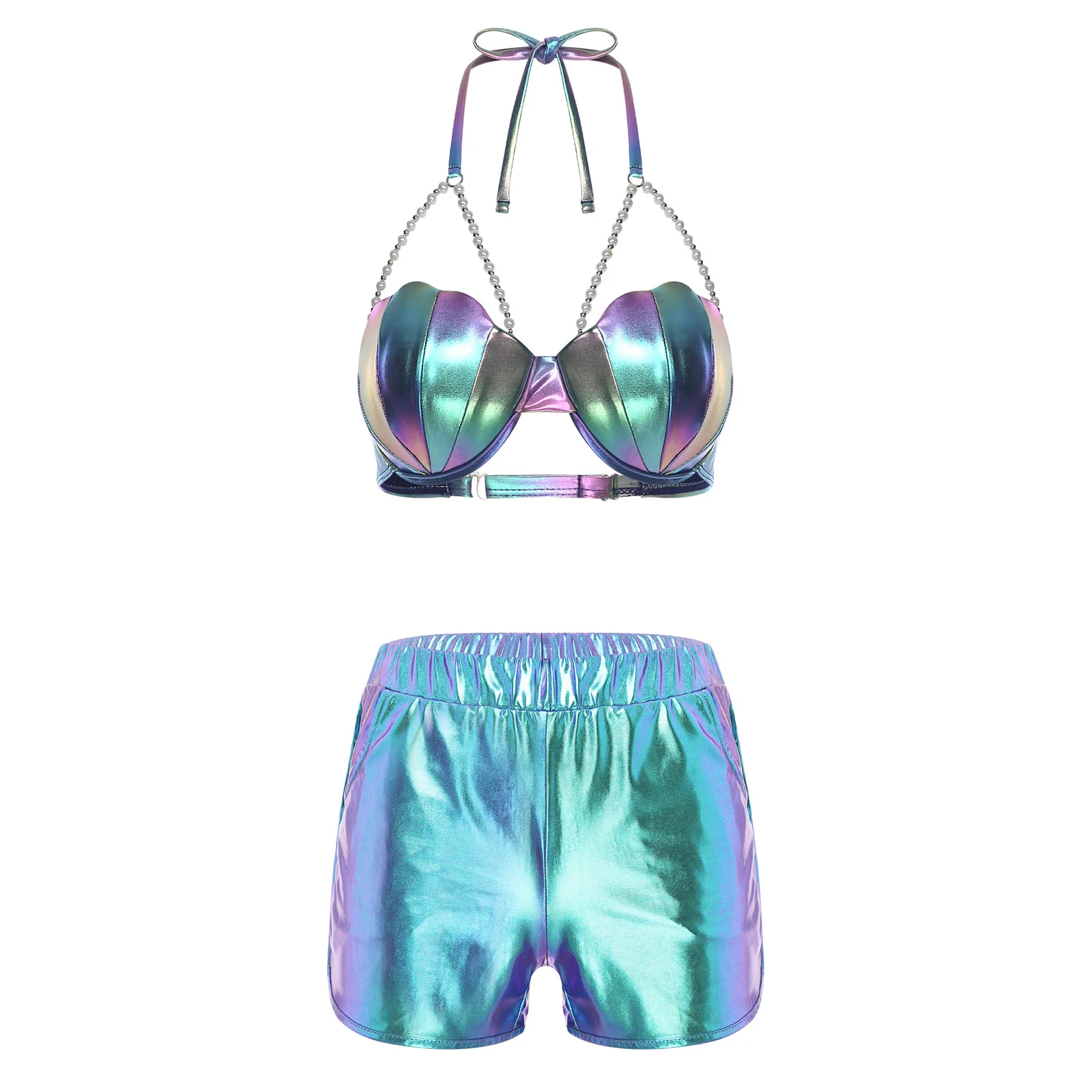 Women Metallic Shiny Sportswear Swimwear Halter Neck Shell Shaped Bikini Bra Top with Booty Shorts for Nightclub Fitness Beach