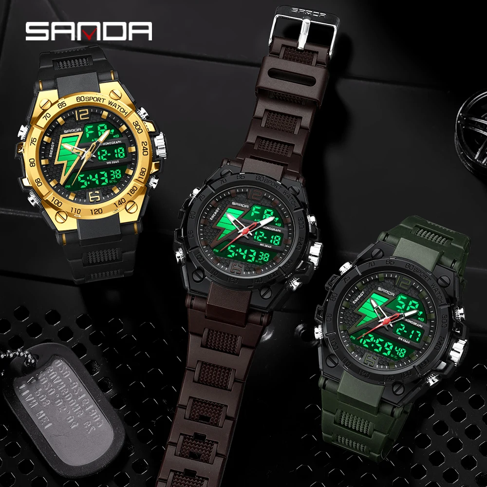 SANDA  6137 Waterproof Outdoor Sports Chronograph Hand Clock Trendy Fashion Men's Led Analog Digital Alarm Wrist Watches