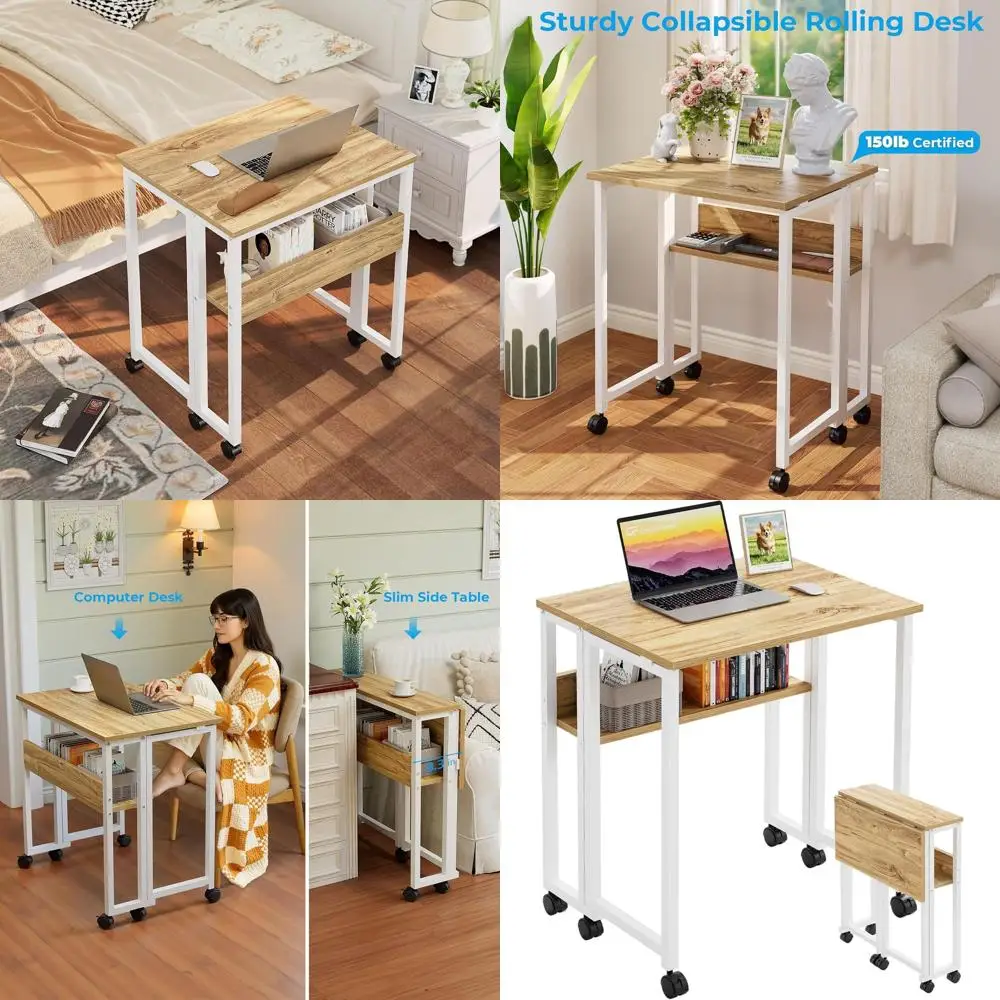 

Compact Rolling Desk with Storage Shelf, 24.8 Foldable Computer Desk for Small Spaces, Easy Assembly, Oak Finish