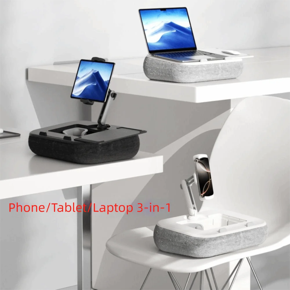 

360 ° Вращающаяся подставка-подушка для планшета с отсеком для хранения, держателем для телефона и многофункциональным слотом для закусок