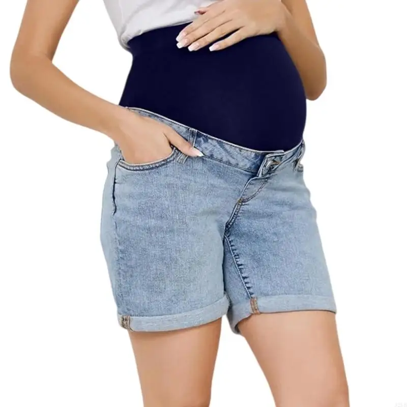 Elastische Überbauch-Schwangerschafts-Jeans-Shorts, gerollter Saum, atmungsaktiv, bequem für werdende Mütter, tägliches Tragen – Detail 5