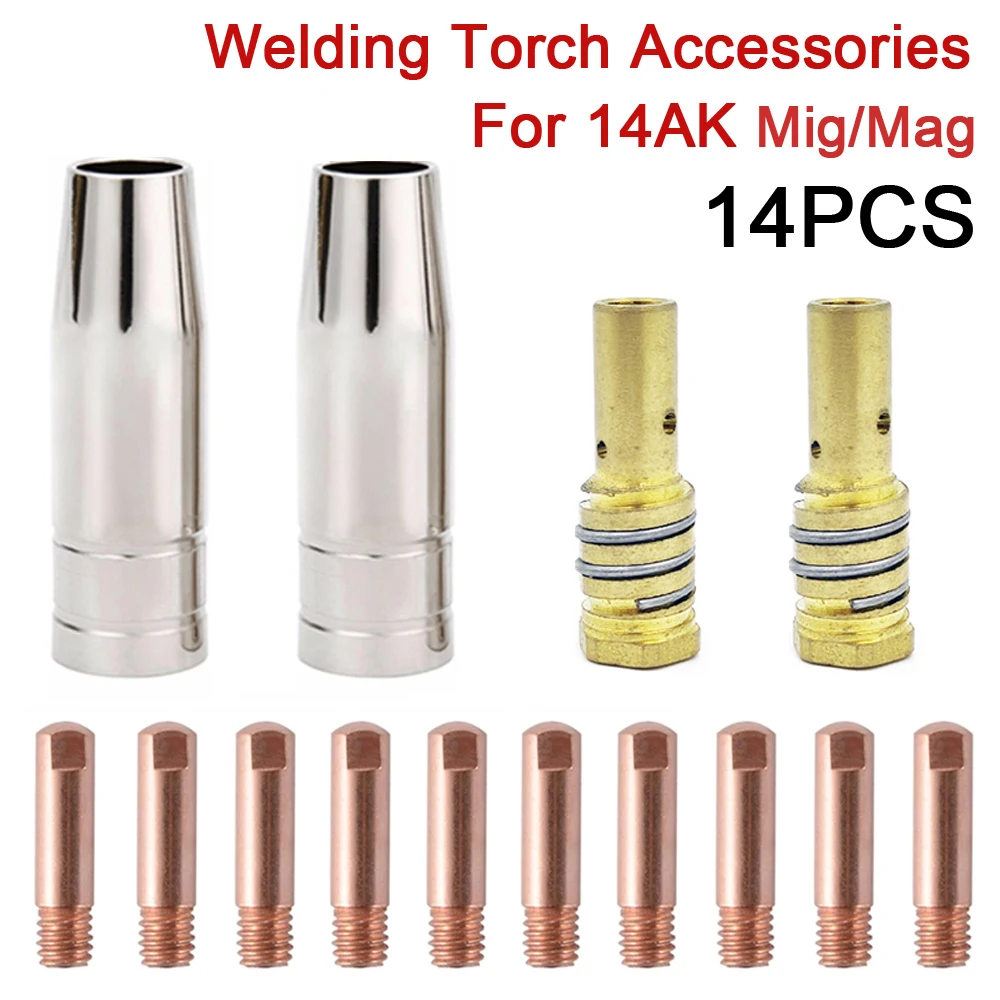 14Pcs 14AK Welding Torch Consumables 0.6mm 0.8mm 0.9mm 1.0mm 1.2mm MIG Torch Gas Nozzle Tip Holder of 15AK MIG MAG Welding Torch