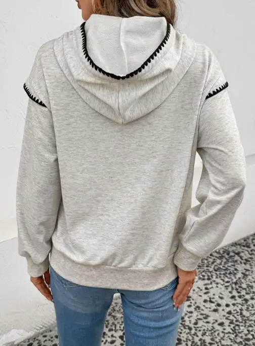 2025 Autumn/winter New Collection Color Contrasting Edge Casual Versatile Daily Fake Two Piece Hooded Hoodie for Women