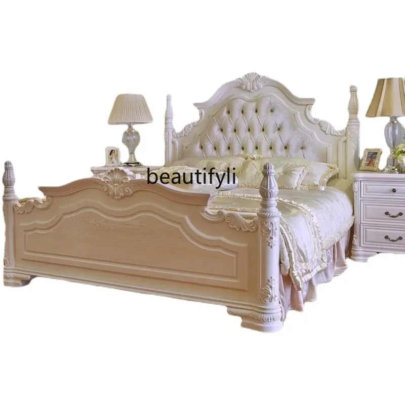 

European-Style Solid Wood Double Bed Princess Modern Minimalist 1.8 M 1.5 French Carved Marriage Bed Master Bedroom