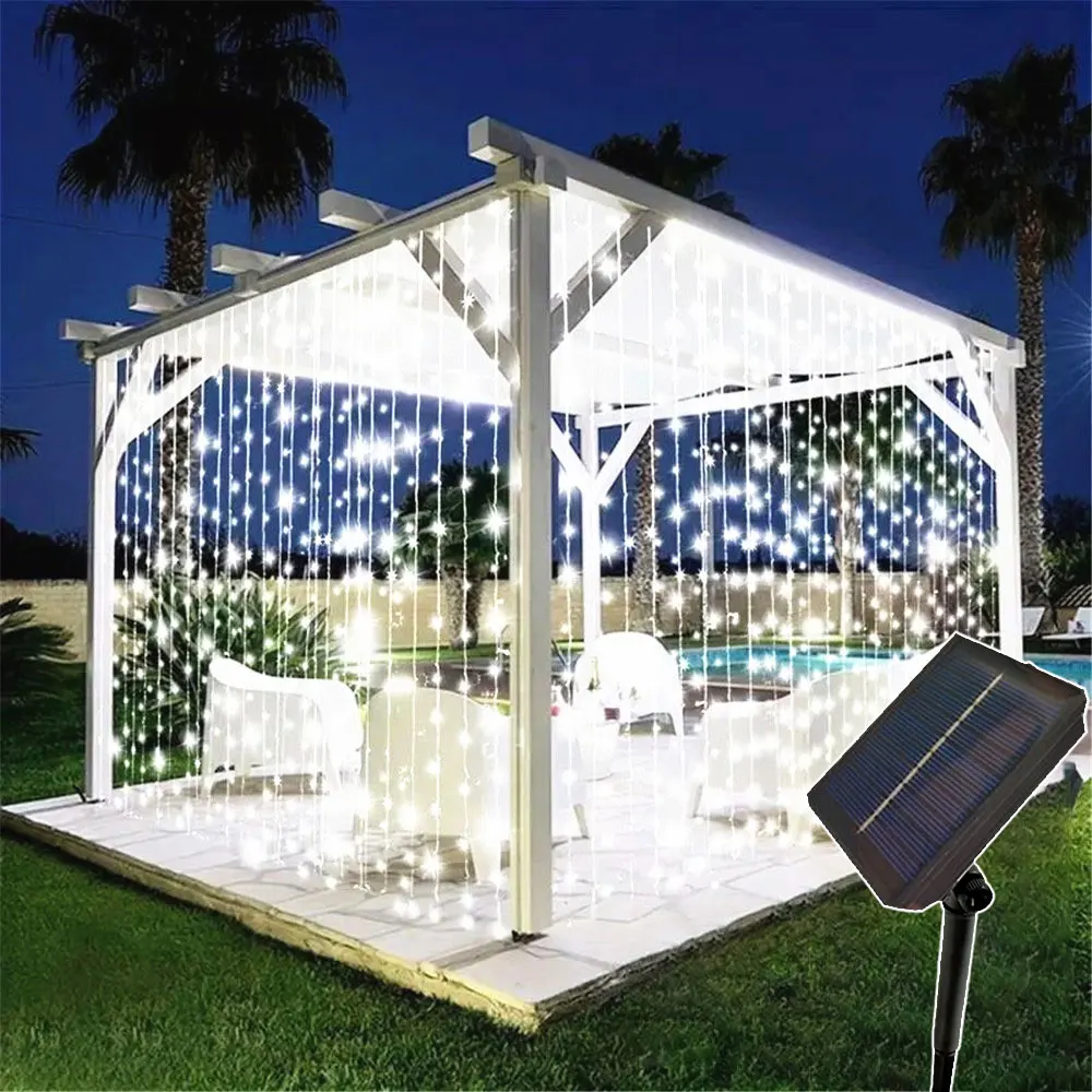 Solar Powered LED Curtain String Lights 8 Modes Perfect for Party Wedding and Garden Decorations Outdoor Christmas Solar Lamp