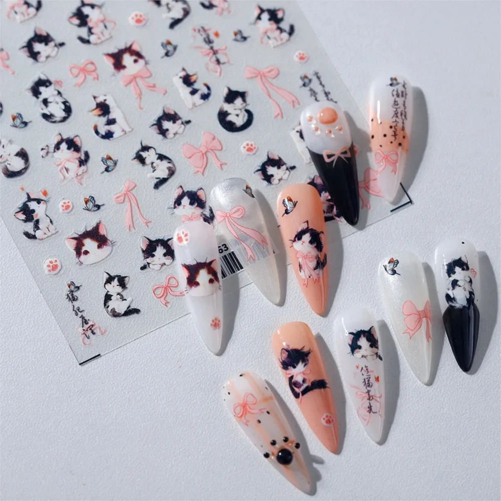 5D Cute Cartoon Cat & Butterfly Nail Stickers Self Adhesive Lovely Kitten Pink Bow Nail Art Decals Playful Cat Manicure Slider #