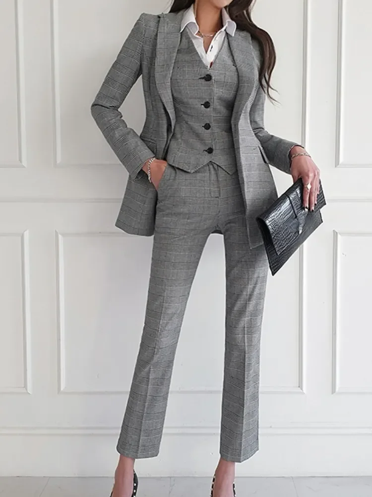 Kobiety eleganckie formalne biznesowa marynarka 3 sztuki garnitur praca w biurze kurtka w kratę kamizelka Pantsuit koreańska moda kobiece Vintage