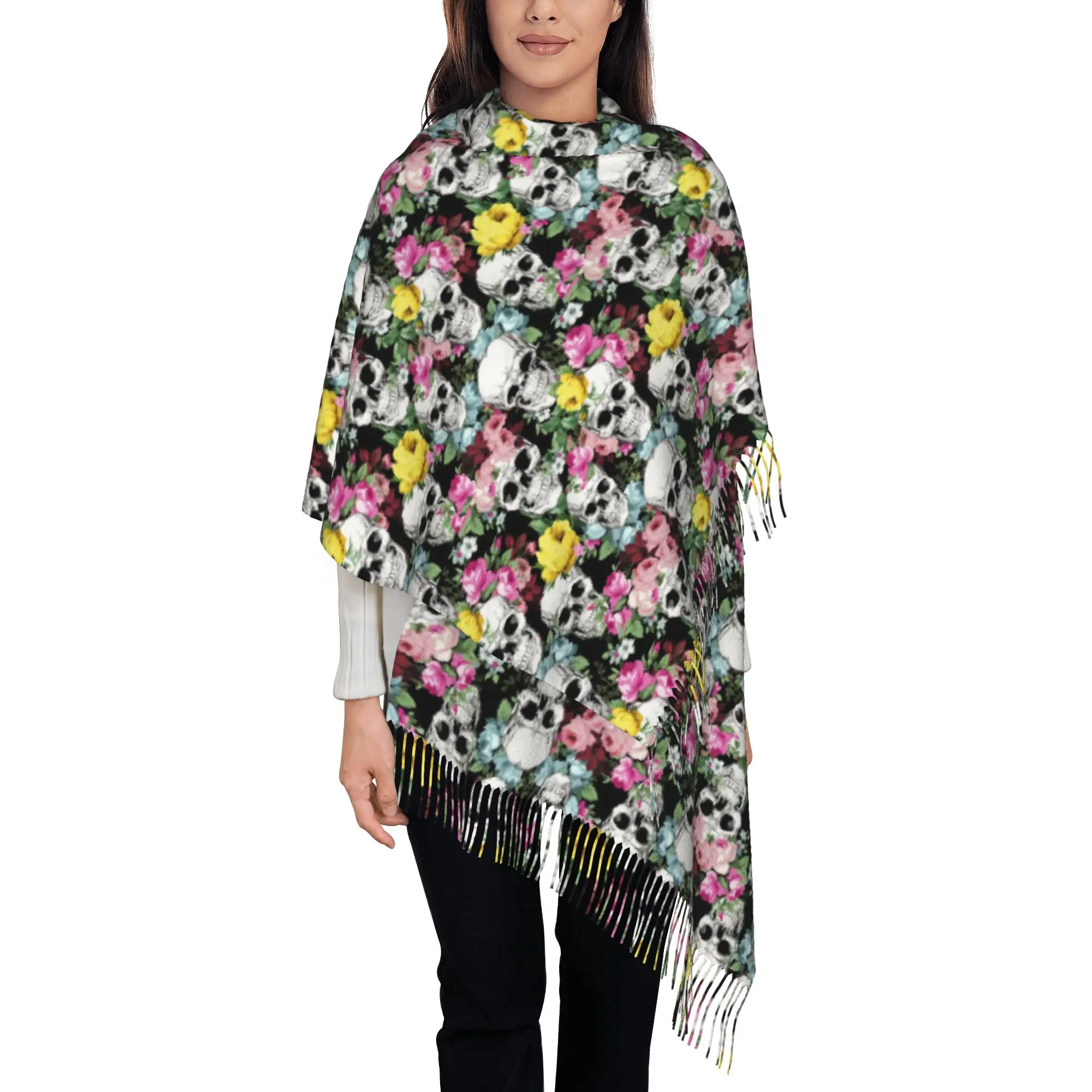 Custom Print Rose Flower Skull Pattern Scarf  Men Women Winter Warm Scarves Halloween Gothic Shawl Wrap