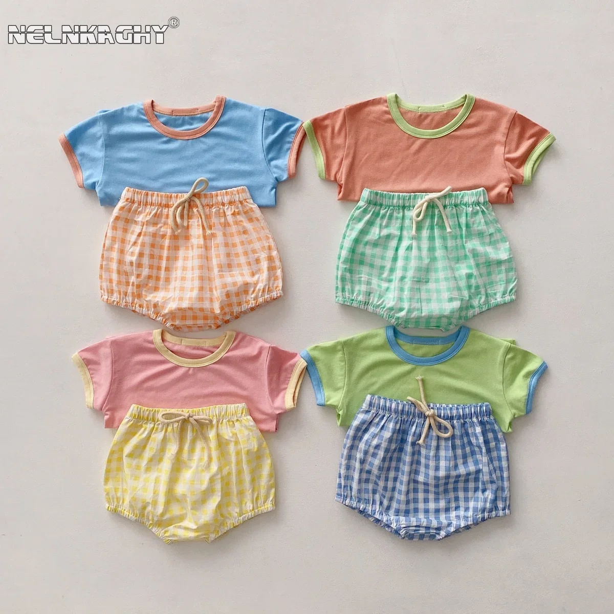 

Infant Newborn Girls Boys Summer Short Sleeve Patch Top Tees Plaid Bottoms Kids Baby Clothing Cotton Sets 2pcs 0-24M