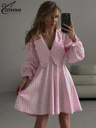 Oymimi Elegant Pink Print Womens Dresses Fashion Peter Pan Collar Long Sleeve Dresses Casual Loose Mini Dress Female Streetwear