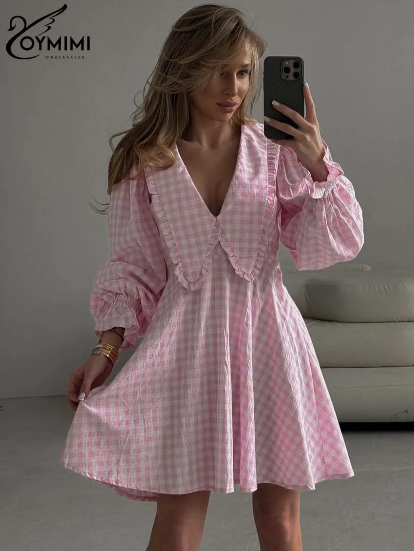 Oymimi elegancka różowy nadruk sukienki damskie modna kołnierz piotruś Pan z długim rękawem luźna sukienka Mini damska Streetwear