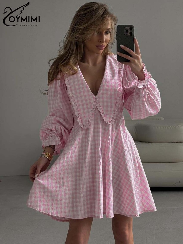  Oymimi Elegant Pink Print Womens Dresses Fashion Peter Pan Collar Long Sleeve Dresses Casual Loose Mini Dress Female Streetwear 
