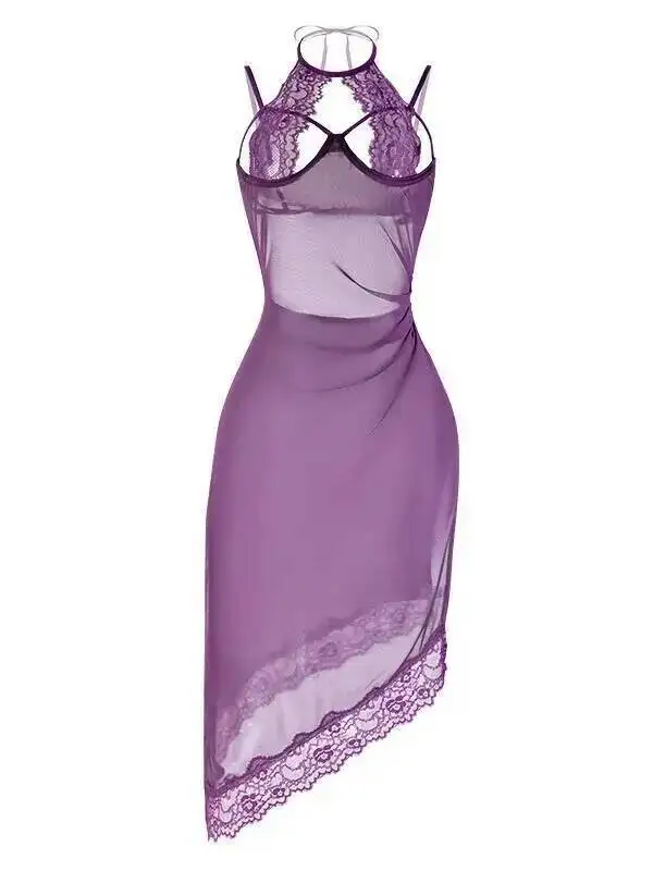 Seksowna sukienka z siateczki, urocza damska seksowna sukienka transparentna, sukienka z dekoltem typu halter, fioletowa sukienka z koronkowym wykończeniem do klubu nocnego, czysta pokusa WT2U