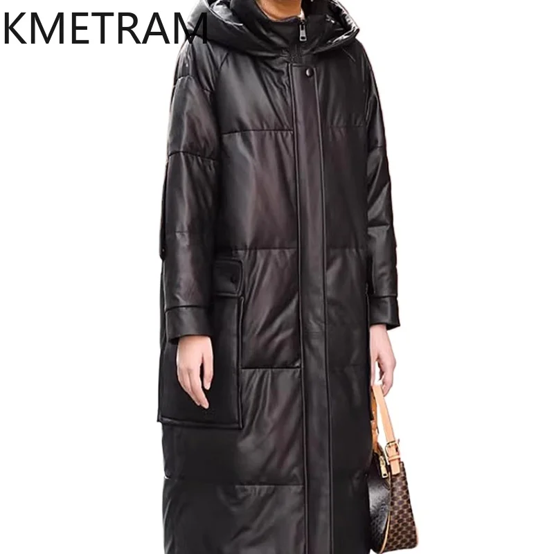 معطف KMETRAM من جلد الغنم الطبيعي أسفل معطف أسفل جلد طبيعي أسفل سترة نسائية شتوية غير رسمية بقلنسوة ملابس خارجية طويلة 2025 ropa mujer