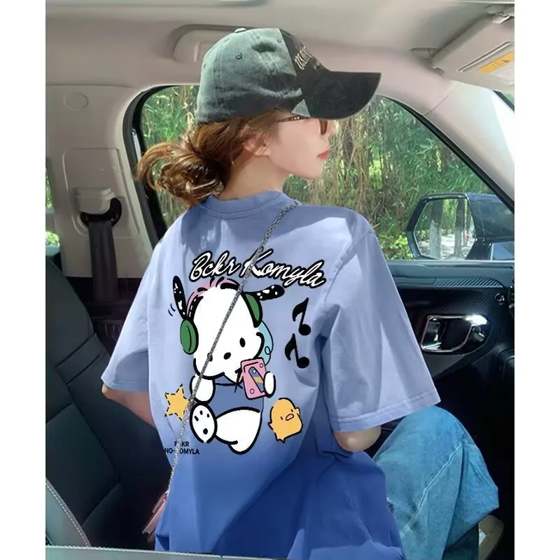 Summer New Cartoon Pochacco Print Loose Pure Cotton Short Sleeved Tops Korean Version Gradient Color O-Neck Oversized T Shirt