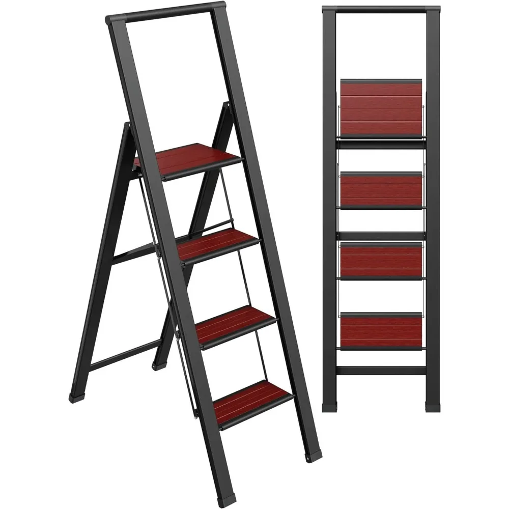 

Step Ladder 4 Step Folding, Decorative - Beautiful Mahogany & Black Aluminum, Ultra Slim Profile, Anti Slip Steps