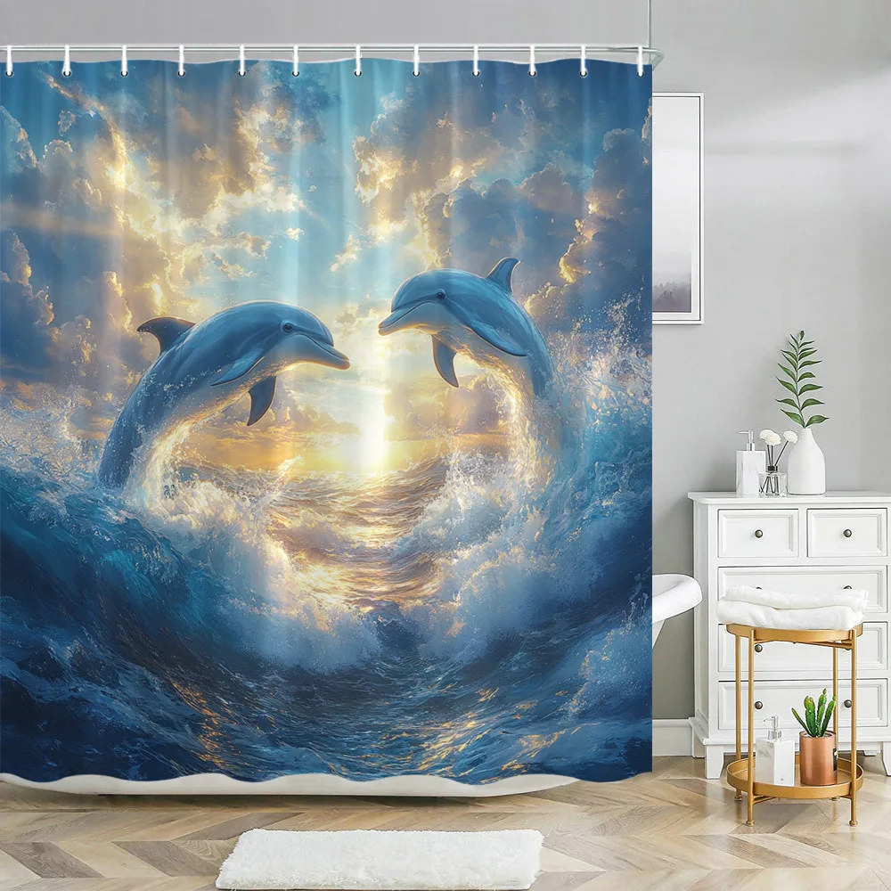 

Graceful Dolphins Shower Curtain - Sunset Waves, Blue, Golden & Orange Hues, Tranquil Ocean Reflections