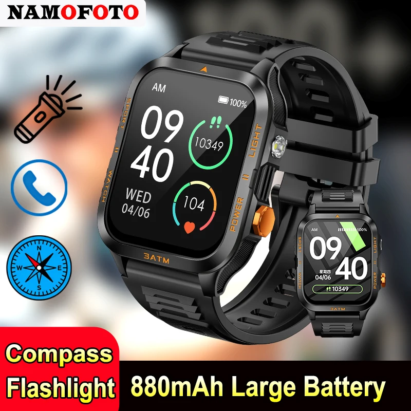 

NAMOFOTO Men Smartwatch 880mAh Battery Military Watches Life Waterproof Outdoor Sportsm 1.96-inch HD Bluetooth Call Smart Watch