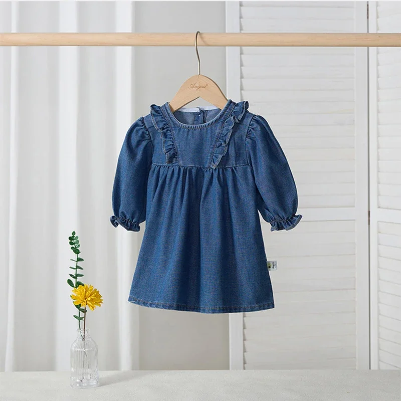 

Long Sleeve Denim Children Dress for 0-6Y Spring Autumn Korean Girls Clothes Cute Double-layer Ruffled Design Infant Girls Dress