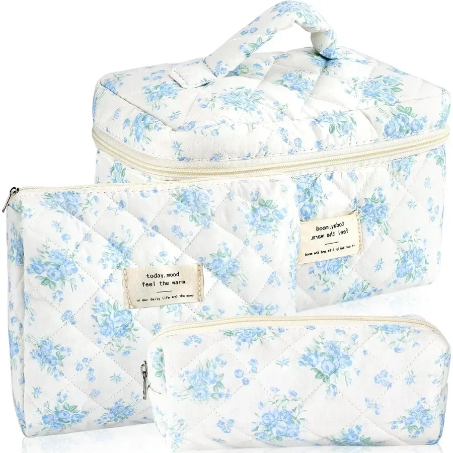 

3Pcs Cotton Quilted Makeup Bag Set for Women Girls Large Small Travel Floral Cosmetic Bags with Cute Coquette Zipper Design Aes