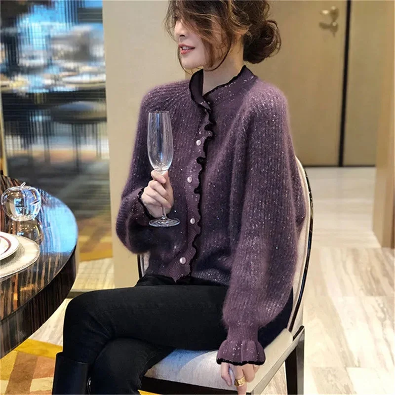 hickened Shiny Silk Fashionable Top Loose Mohair Purple Sweater Women's Trendy Outerwear Fashionable European goods