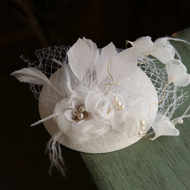 

White Fashion Headbands Fascinator Hats Bridal Women Fancy Long Feather Decoration Caps Wedding Race Headdress