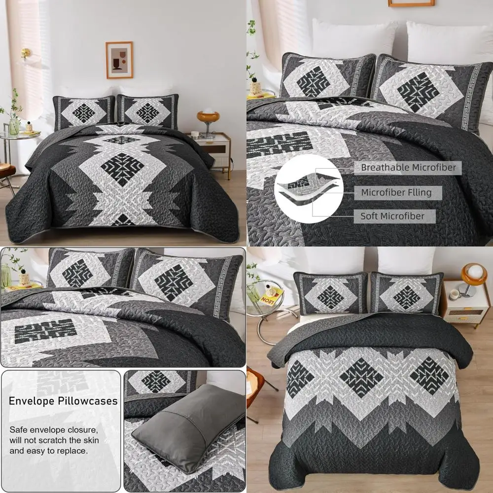 

Boho Style California King Bedding Set: 3-Piece Aztec Textured Coverlet with Geometric Pattern