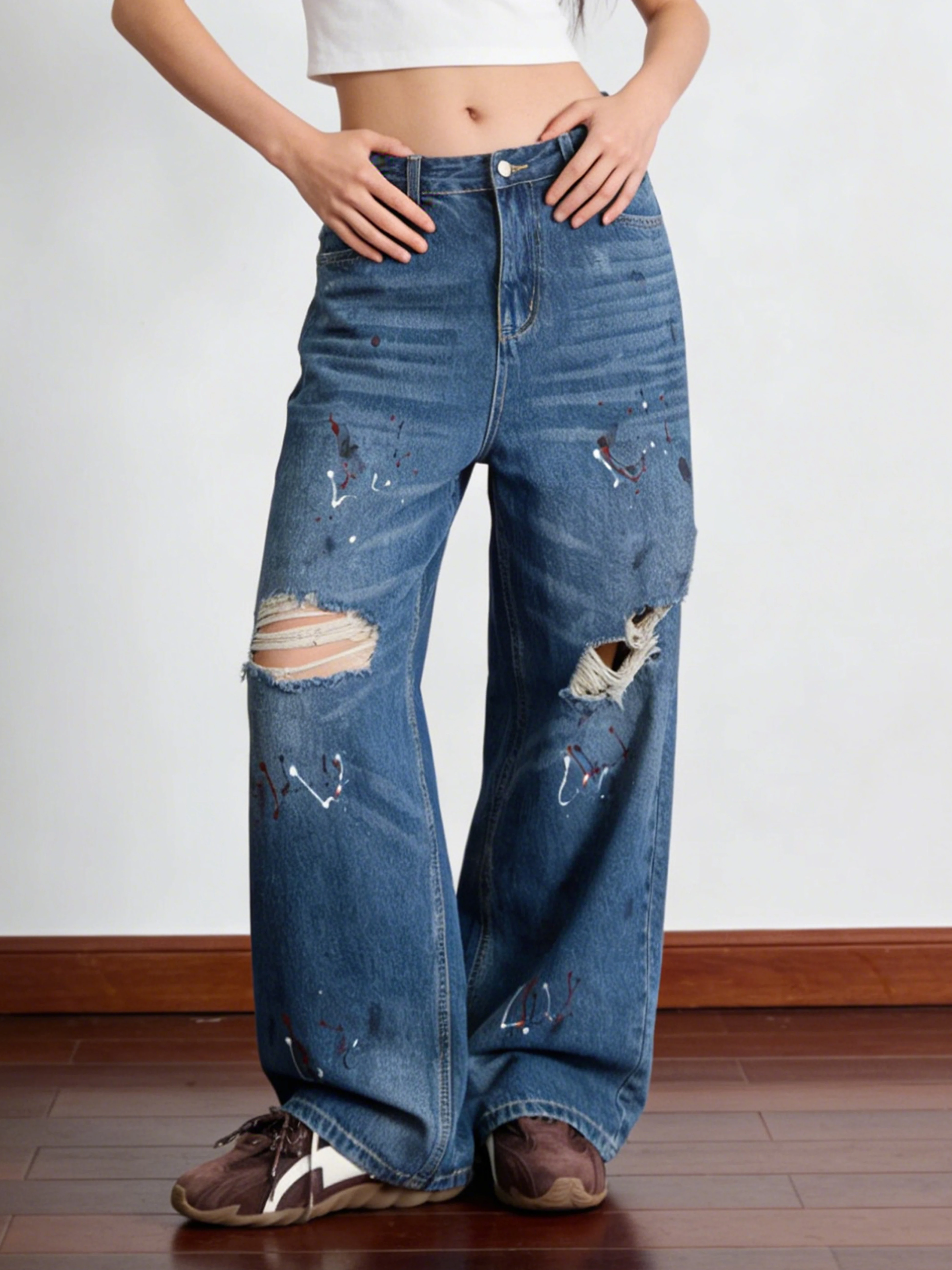 Retro American Splashed Ink Hole Denim Jeans Women's Faded Wear Loose Wide Leg Long Pants Cotton Natural Waist Button Closure