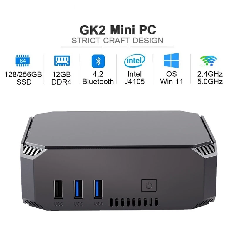 Mini PC Desktop Gaming Computer, Intel Celeron J4105, Quad-Core, 2.4G, 5G, Dual WiFi, BT 4.2, HD Gigabit, GK2, Windows 11, Internet, CPU