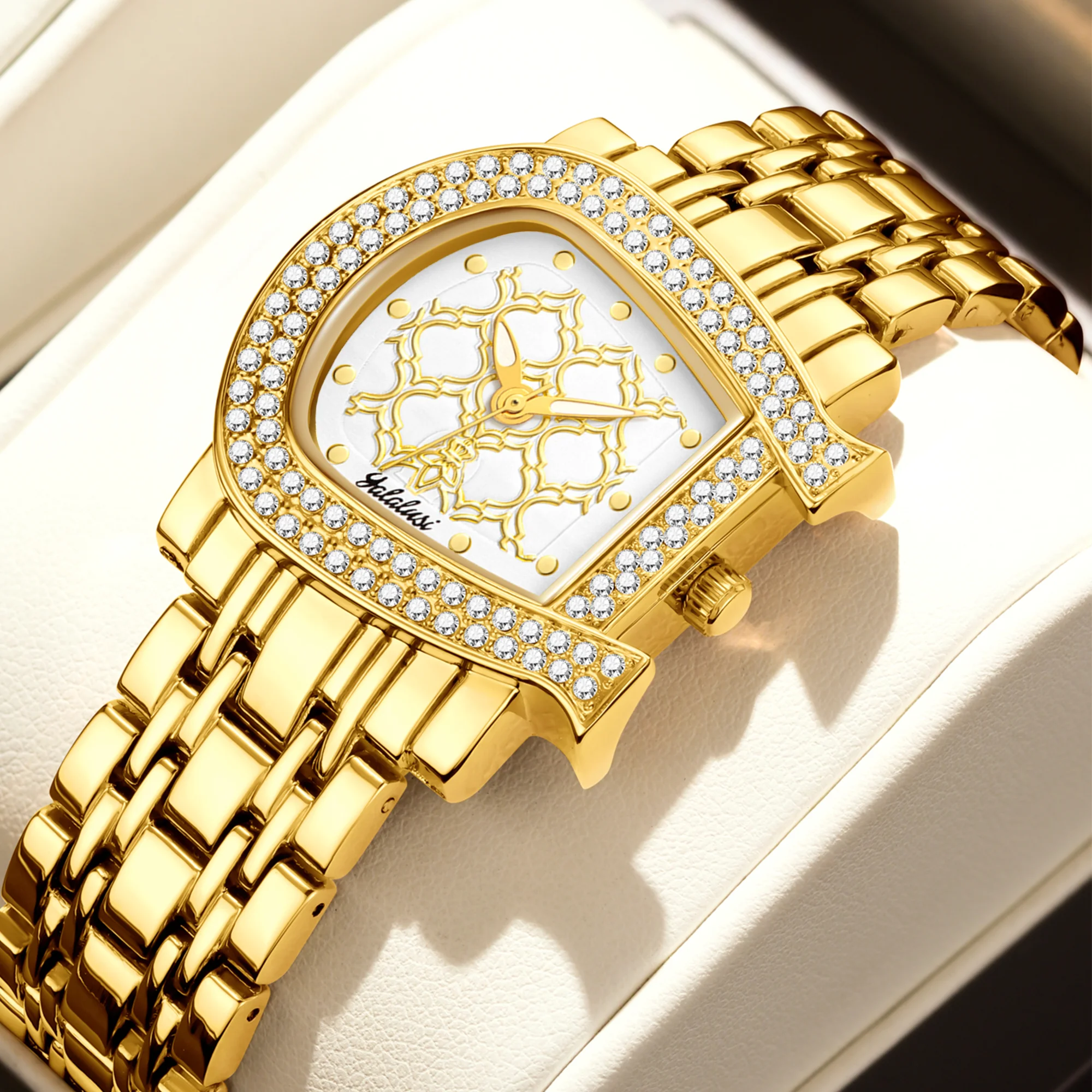 YaLaLu 2024 Hot New Women\'s Watch White Plate Gold Case Diamonds Luxury Luxury Box Watch Remover Ion Gold Plating