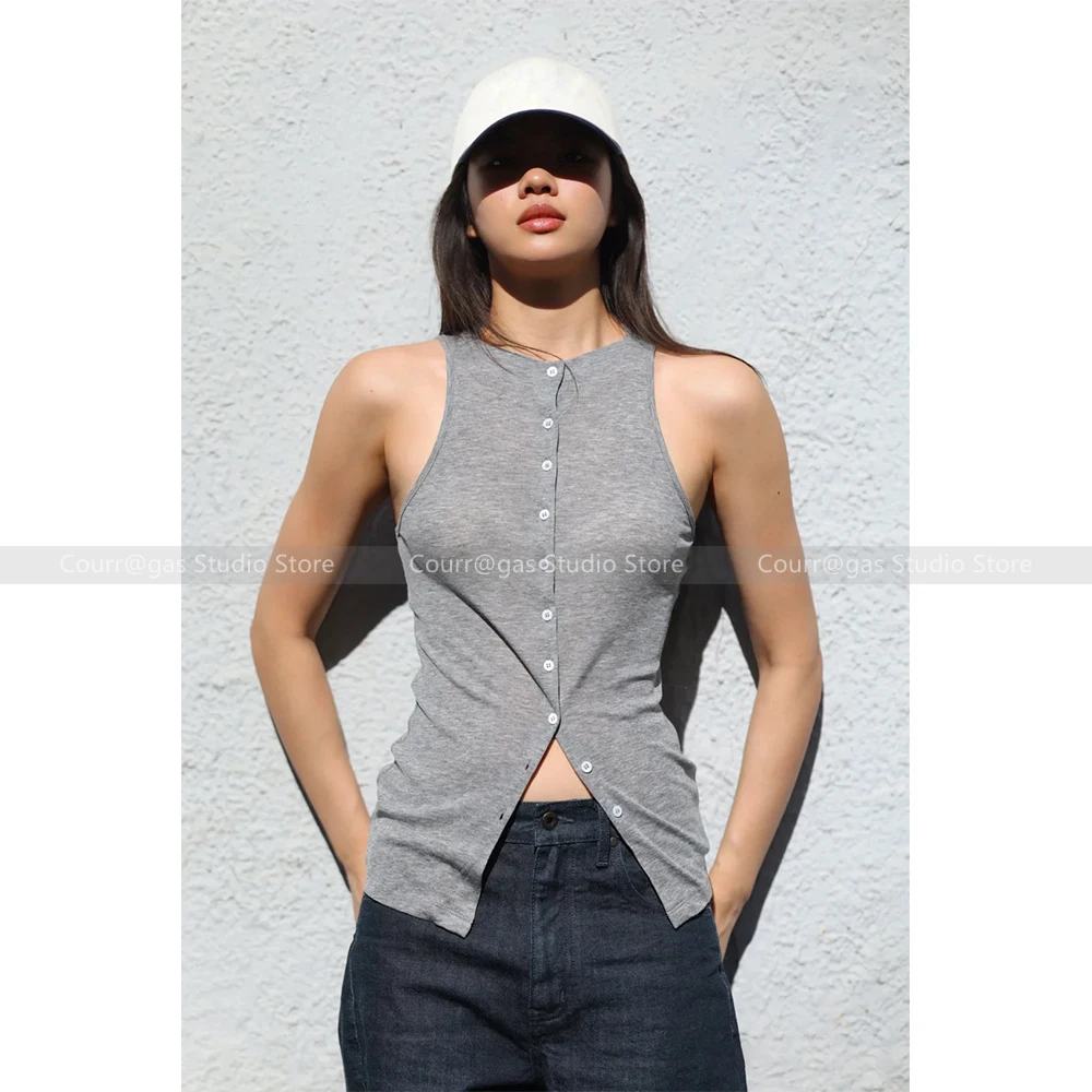 

Gray knit camisole undershirt temperament spicy girl style single-breasted design top 2024 spring and summer new female