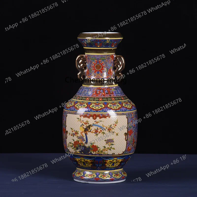 A74Enamel color gold-painted flower and bird hexagonal bottle imitation, entrance retro ceramic ornaments
