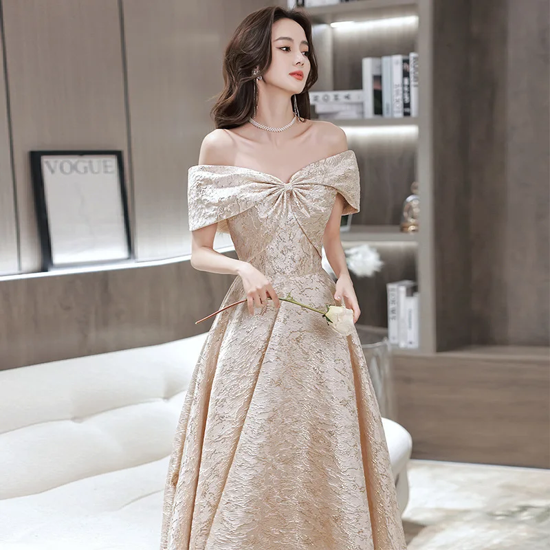 One-shoulder gold evening dress 2024 new spring French birthday party temperament dress banquet evening dress