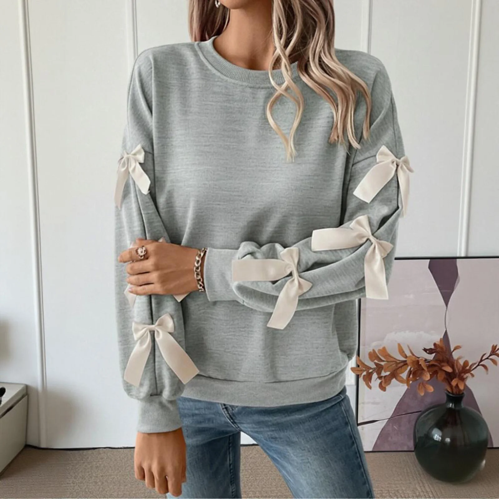 Mulheres pulôver topos manga longa arco sweatshirts o pescoço solto emendado casual básico pulôver primavera outono senhoras topos