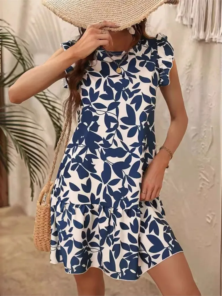 Summer Women Print Dress Fahsion O Neck Sleeveless Ruffles Loose Casual Dresses Female Elegant Office Beach Party Dress New 2024