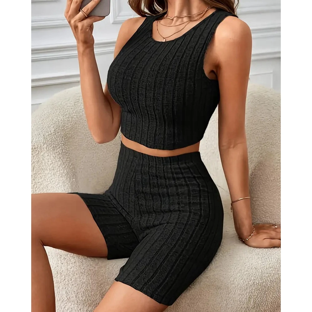 2 Piece Set for Women Summer Suit Sleeveless O Neck Crop Tank Top & Shorts Sets Solid Ribbed Slim Fit Ensembles Femme Outfits