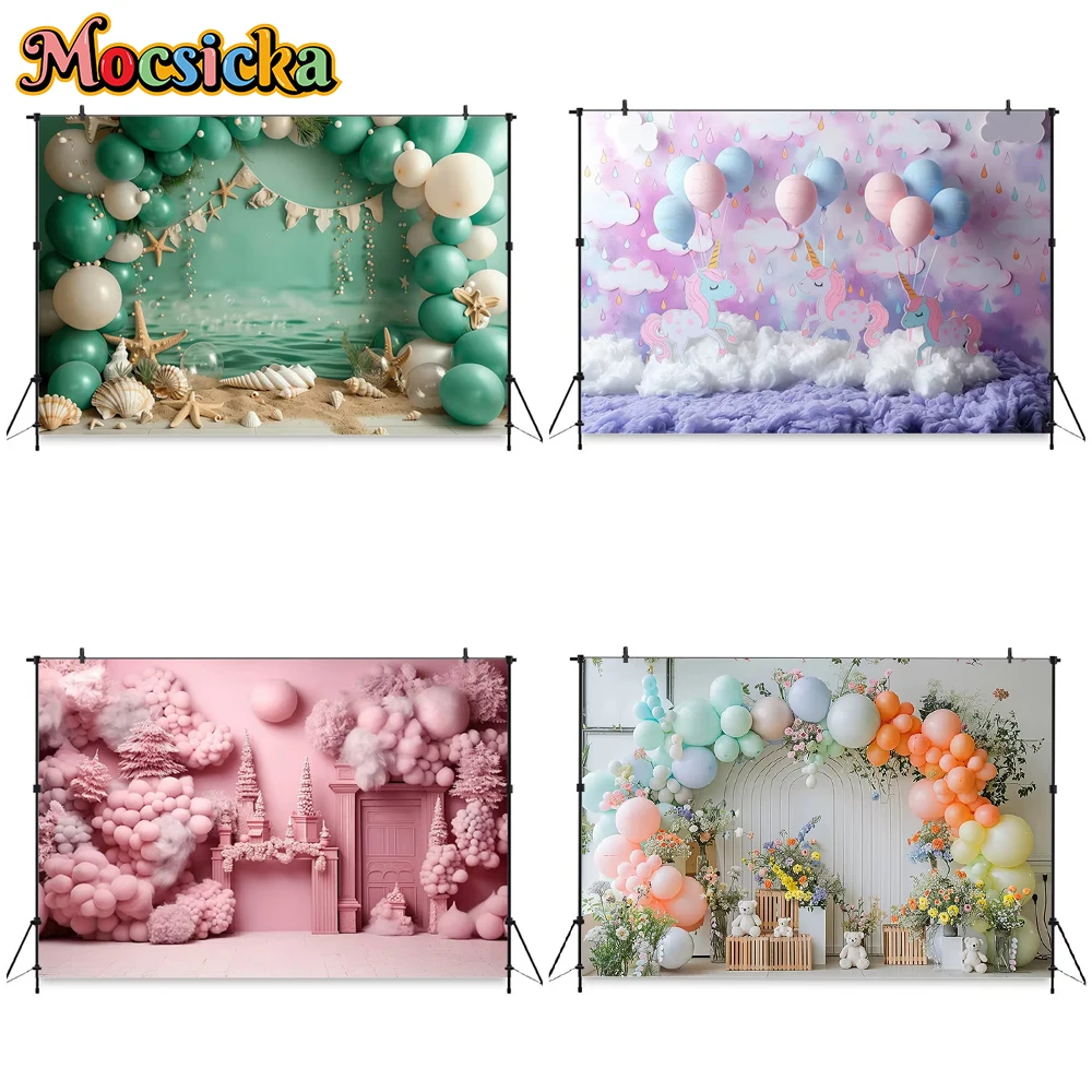 

Mocsicka Birthday Balloon Backdrop For Photography Beach Plane Starfish Party Supplies Decor Baby Photo Background Studio Banner
