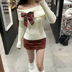 Autumn Winter Sweet Knitted Two Piece Sets Women Elegant Bow Sweater Tops Retro Plaid Mini Skirt Suit Harajuku Sexy Y2k Outfits