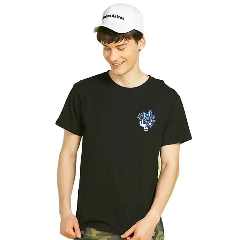 Men's summer short-sleeved T-shirt, 220g, pure cotton, 100% cotton, loose and casual, with a flower basket pattern.