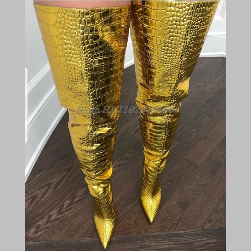 Metallic Leather Sneak Print Over Knee High Boots Gold/Black Pointed Toe High Heels Zipper Thigh Boot Big Size Designer Shoes