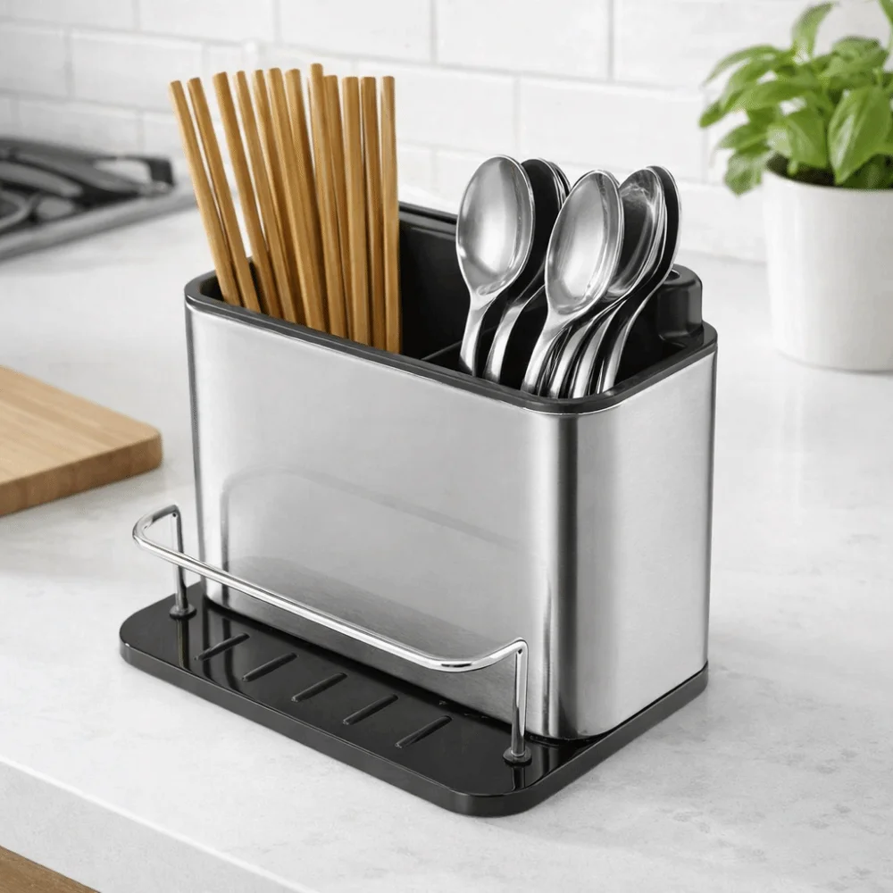 Stainless Steel Cutlery Storage Box Large Capacity Rust-proof Chopsticks Storage Basket Drainable Rectangular Cutlery Organizer