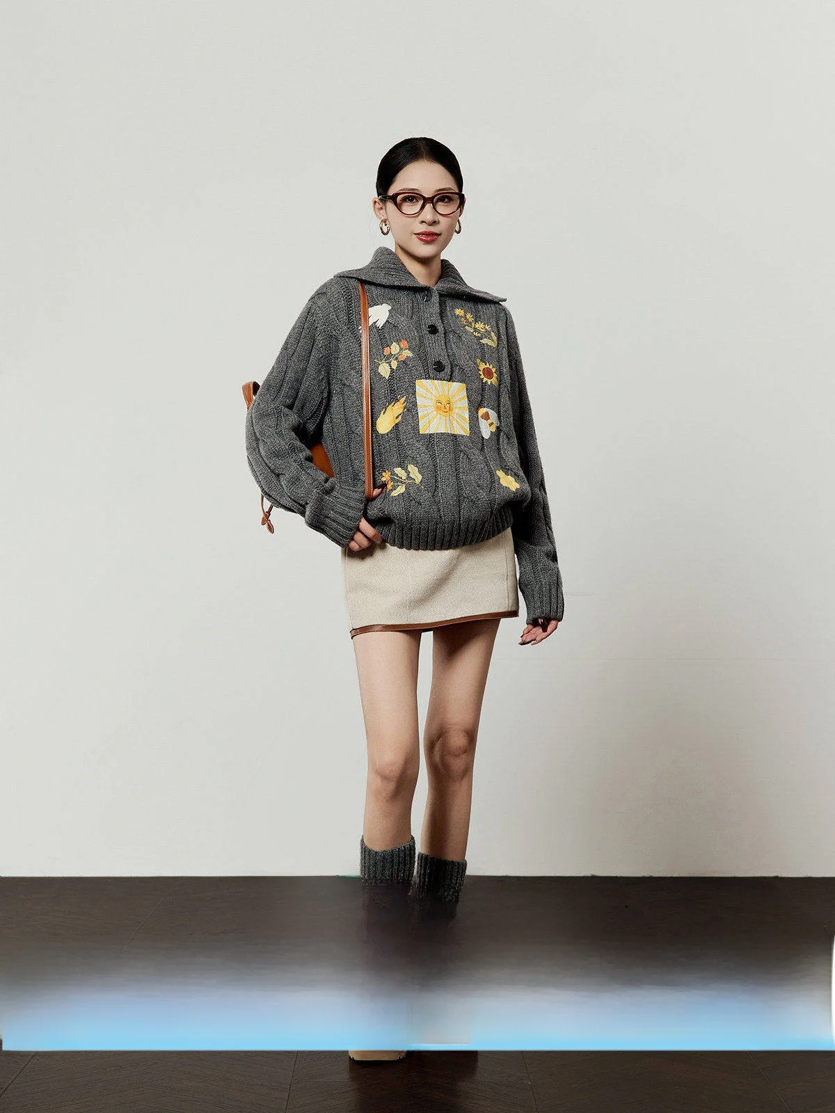 

ay Knitted Woolen Sweater Women's Casual Sle Spring New Loose Fit Long Sve Plant Floral Embroidery Single Button Closure