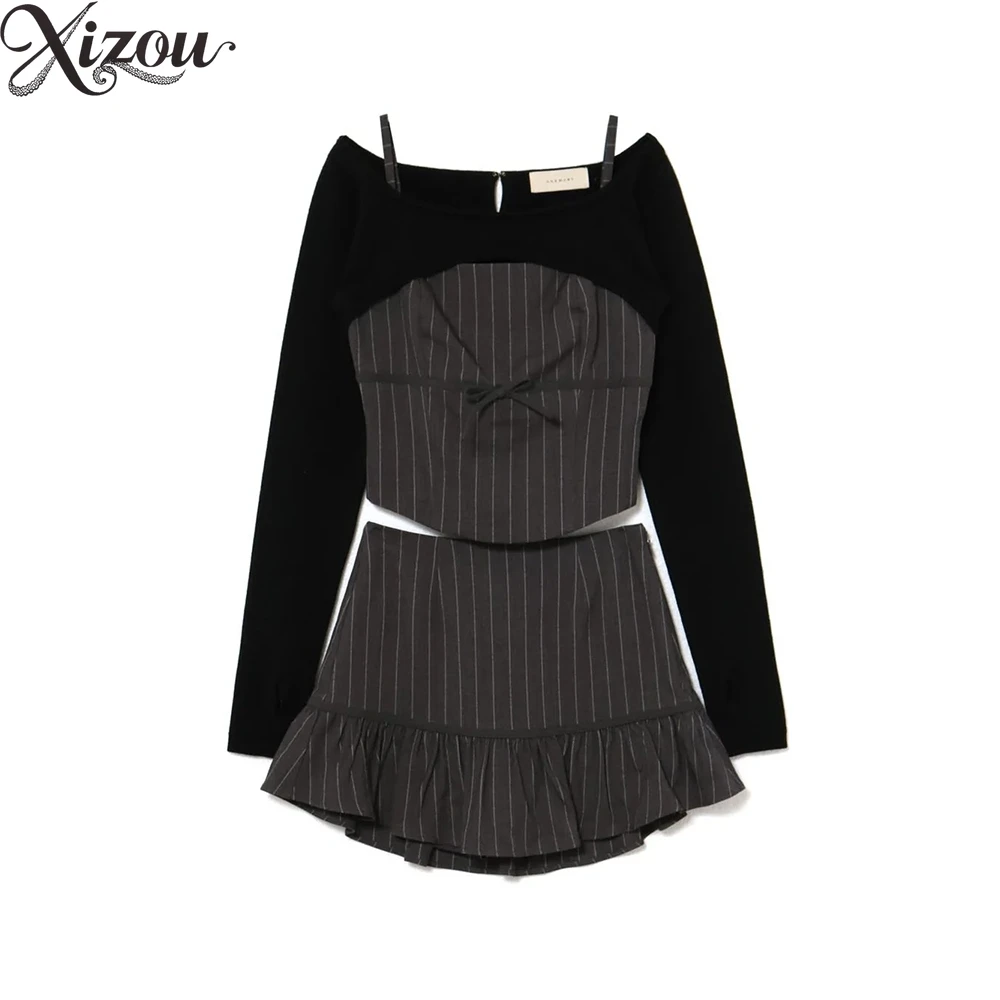 النمط الياباني المرأة ثلاث قطع مجموعة عمودي مخطط سليم صالح بروتيل كم طويل محبوك البنطال القصير تنورة صغيرة مجموعة الخريف