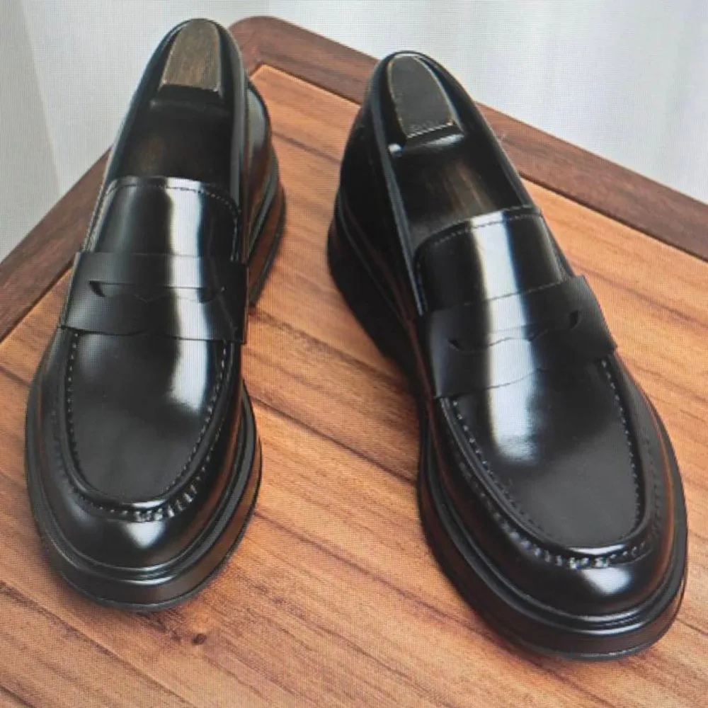 

New Genuine Leather Men Slip On Loafers Business Casual Shoes Thick Sole Shiny