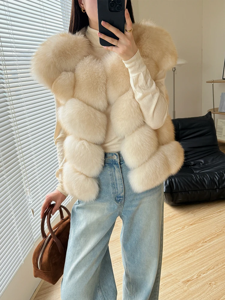 여성용 푹신한 리얼 폭스 모피 민소매 조끼 천연 모피 양복 조끼 럭셔리 겉옷 재킷