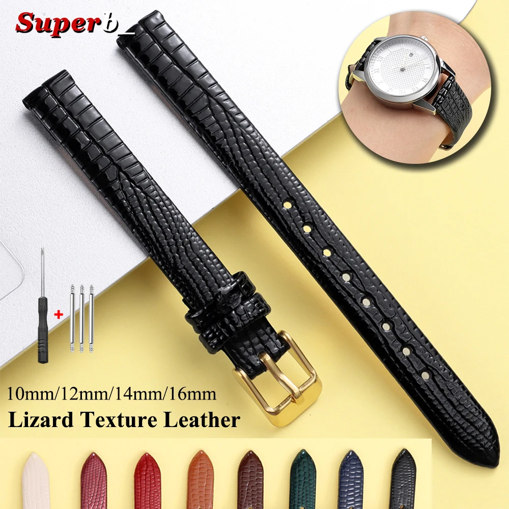 Weiches Leder-Uhrenarmband mit Eidechsen-Textur und Dornschließe für Damen und Herren, 10mm 12mm 14mm 16mm, Schwarz Braun Blau Armbanduhrenband