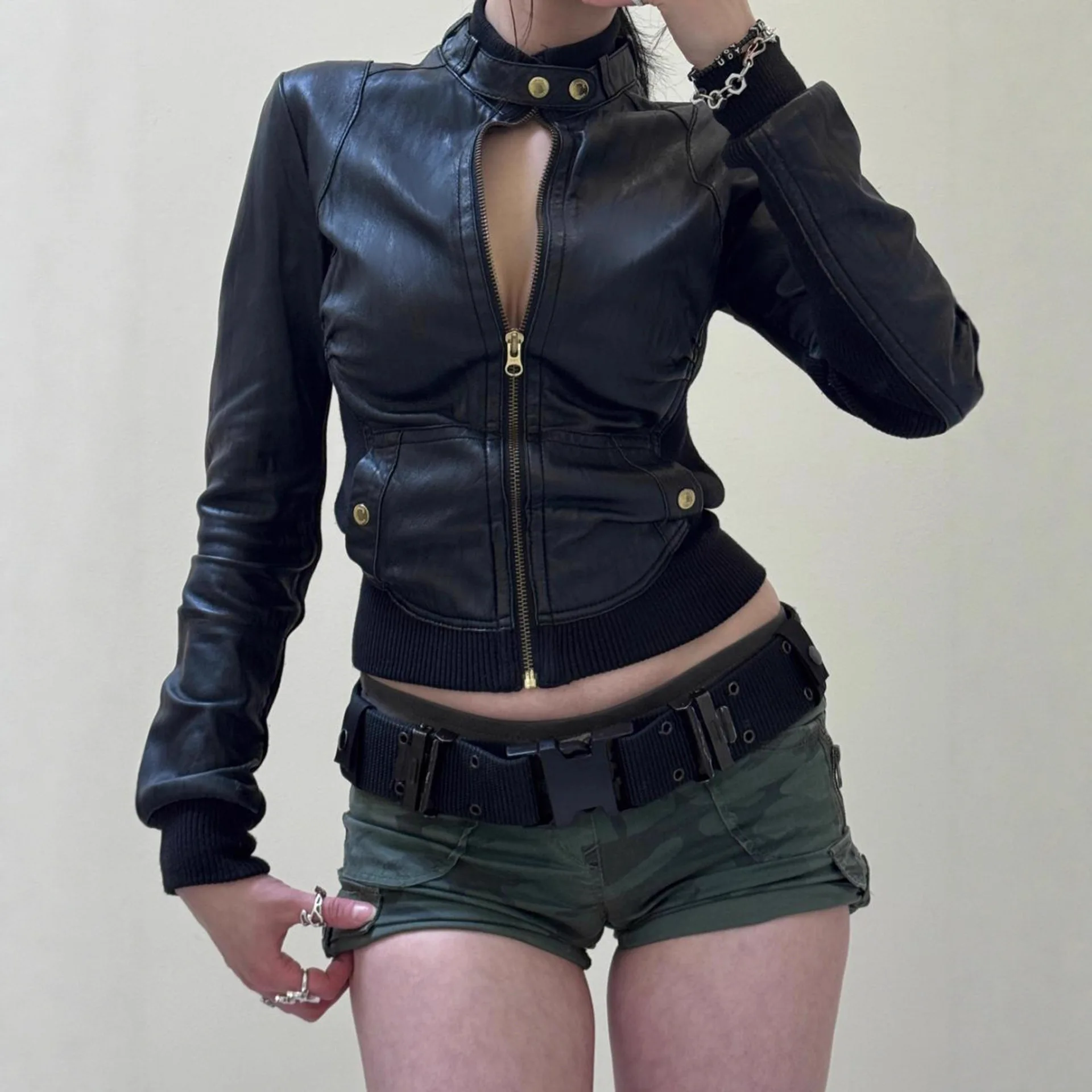 k Sle Zipper Collar Long Sve Leather Jaet Women's New Faion Top 2025 Autumn Season Thiened Artificial Leather