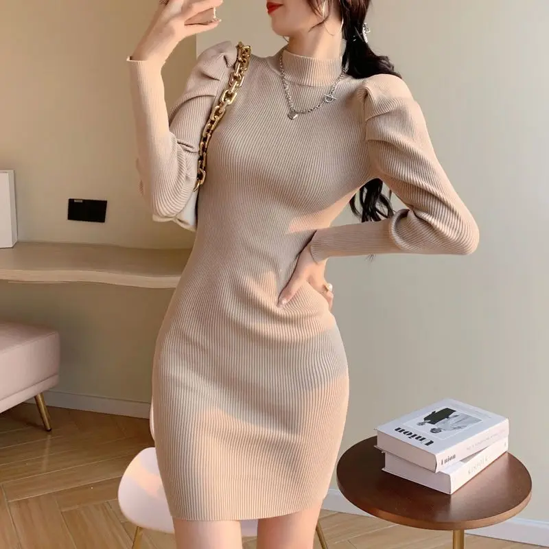 Pink Crochet Female Dress Knit Extreme Mini Women\'s Dresses Black Turtleneck Solid Short Clothing Trendy Offer Elegant Hot Y2k